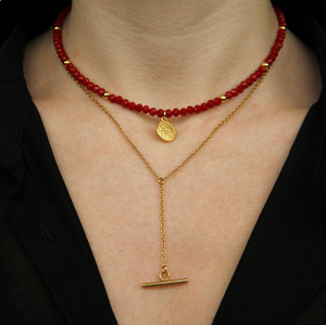 <b>Red</b> <b>Bead</b> Necklace, <b>Beaded</b> Choker Necklace, Boho Summer Choker, Gold Tiny Charm Choker Fringe <b>Beaded</b> Bandana - Product Image 2