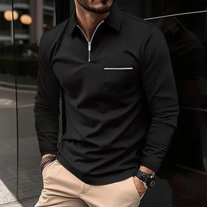 Camisa de moda para hombre otoño manga larga solapa cremallera bolsillo negocios Casual Golf pulóver ropa de calle 100% algodón ecológico - Product Image 6