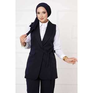 Conjunto de chaleco azul marino para mujer con lazo lateral, elegante conjunto de traje - Product Image 2
