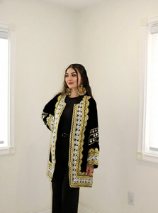 Elegant Black Velvet Afghan Coat Long Length <b>With</b> Bold Gold Zari Embroidery Wide <b>Sleeves</b> Modern Ethnic Look - Product Image 3