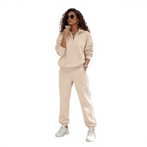 <b>Women's</b> Casual 2-<b>Piece</b> Tracksuit Set Solid Color Long Sleeve Zip-Up Top Side Stripe Sweatpants Full Length Regular Fit Winter - Product Image 4