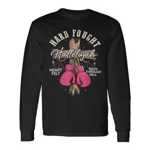 T-shirt à manches longues Hard Fought Hallelujah, design de boxe chrétienne, gants roses, croix, déclaration de foi, col rond unisexe - Product Image 1