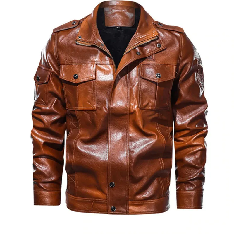 2023 Customized New Fashion Men Leather Jacket Best Design High Quality Chest Big Pockets Brown Leather Jacket