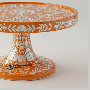 Artisan Orange Mother of Pearl Cake Stand Pedestal de madera hecho a mano para pasteles y golosinas - Product Image 4