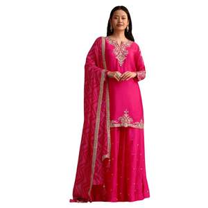 Vente en gros de vêtements ethniques pour femmes OEM, ensemble de palazzo de travail Zari rose avec organza Dupatta, fournisseur en usine, vêtements de fête - Product Image 3