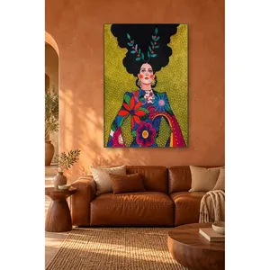Impression sur toile de femme en robe fleurie sur fond de moutarde Fida - Product Image 1