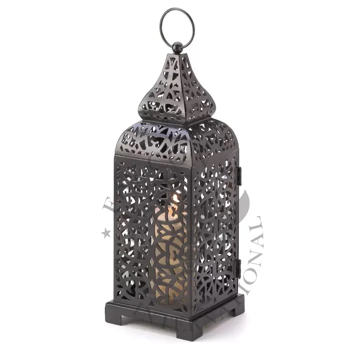 Vintage Hollowed out Moroccan Temple Shape Hanging Metal Candle Lantern for Home Decoration