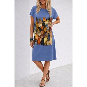 Robe mi-longue en viscose à manches courtes et col rond avec imprimé chat, 34022 - Product Image 2