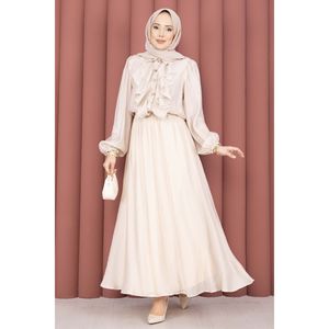 Conjunto Femenino Elegante y Discreto de Manga Larga Transpirable en Color Beige con Falda con Volantes en la Parte Delantera para Todas las Temporadas - Product Image 4