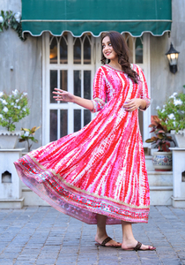 Conjuntos de vestido Anarkali Kurti, ropa de fiesta lista para mujer, elegante y cómoda, diseñador de tela de rayón bordado y teñido con lazo, estampado - Product Image 4