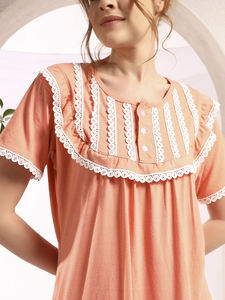 Camisón de Encaje 100% Algodón para Mujer, Manga Media, Largo Completo, Tejido Transpirable, Cuello Sólido, Elegante, Primavera, Otoño, Verano - Product Image 5