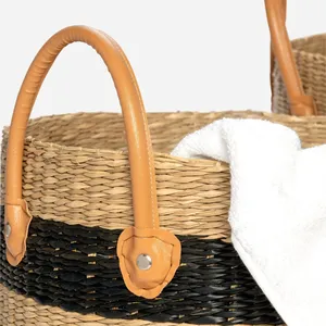 Grand panier de rangement en jonc de mer naturel tissé à la main avec poignée Panier à linge en cuir de l'usine vietnamienne directement - Product Image 4