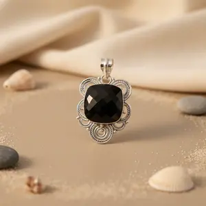 "Black Onyx Geometric Pendant <b>Necklace</b> for <b>Women</b> in 925 <b>Silver</b>" - Product Image 3