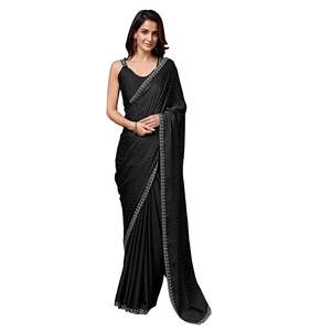 Trendmalls Sari noir pour femme K1086, pièce de chemisier non cousue en satin georgette, coupe classique, toutes saisons, style indien pakistanais, pour les fêtes - Product Image 1