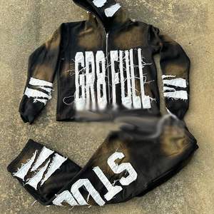 Ensembles de survêtements unisexes personnalisés avec broderie vieillie, sweats à capuche zippés et pantalons de jogging, style streetwear vintage délavé à l'acide - Product Image 4