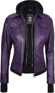 Custom Women's Hooded Lambskin <b>Leather</b> <b>Jacket</b> Comfortable Stylish Removable Hood Solid Pattern Woven Top Manufacturers Exporters - Product Image 6