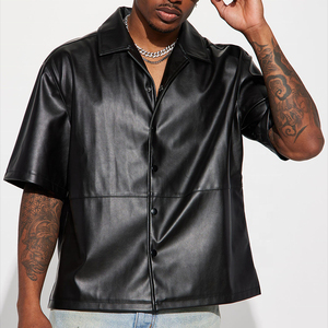 เสื้อเชิ้ตหนังผู้ชายสีดำลายโลโก้แบบกำหนดเอง กระดุมหน้าผ้าแคนวาส สไตล์ลำลอง ระบายอากาศได้ดี ซับในไนลอนเป็นมิตรกับสิ่งแวดล้อม - Product Image 3