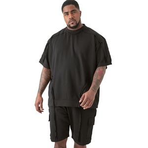 Camiseta y pantalones cortos lavados desgastados de talla grande 100% algodón 300 GSM, conjunto de paneles destruidos en blanco, camiseta y pantalones cortos de gran tamaño con cuello redondo - Product Image 3