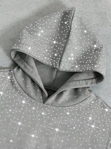 Sudadera Corta con Cremallera y Pedrería Gris, Top de Felpa con Adornos Brillantes, 100% Algodón Grueso, Logotipo Personalizado, OEM, ODM, Invierno, Venta al Por Mayor - Product Image 2