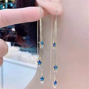 Elegantes Pendientes Largos con Borlas y Estrella de Cinco Puntas de Cristal Azul para Mujeres y Niñas, Accesorio de Moda - Product Image 1