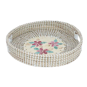 ช่างฝีมือถาดไม้หญ้าทะเลทรงกลมและแม่มุกพร้อมไม้ถูมือธรรมชาติสำหรับโต๊ะกาแฟและของตกแต่งจากเวียดนาม - Product Image 1