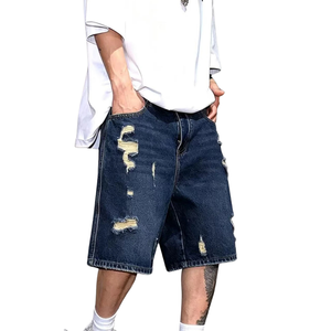 Pantalones Cortos de Mezclilla Azul Oscuro para Hombre, Desgastados, Rotos, Lavados, de Corte Holgado, Hasta la Rodilla, Estilo Casual Urbano, Moda de Verano - Product Image 1