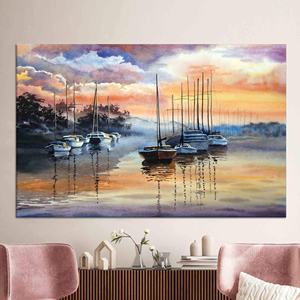 Tableau imprimé sur toile : Paysage marin abstrait avec voiliers au coucher du soleil, TOILE ENVELOPPEE - Product Image 1