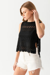Openwork Sweater Poncho Black - Product Image 3