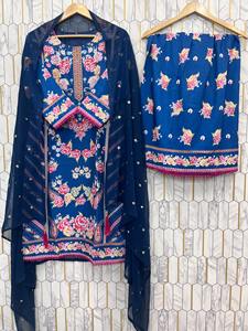 Trajes Salwar de Rayón de Diseñador Indio Pakistaní con Hilos Multicolores, Kurti Azul, Plazo, Dupatta, Traje Informal para Fiestas y Bodas - Product Image 3