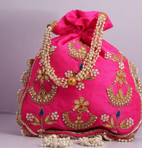 Bolso Potli Bordado a Mano con Cinta Dorada y Encaje Calado Gota Patti, Bolsos de Boda para Mujer - Product Image 2