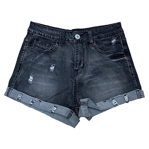 Shorts de mezclilla Lynx para mujer, de cintura alta, rectos, desgastados, con dobladillo enrollado, casuales, lavados a la piedra, 100% algodón, para verano, con botones, personalizados - Product Image 1