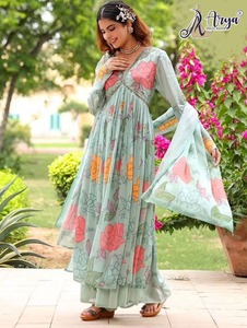 Vestido de Georgette con Estampado de Hilo y Trabajo de Espejo para Mujer, Ropa India y Pakistaní-1312 - Product Image 6