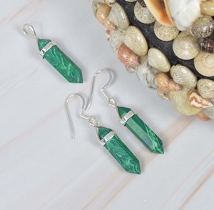 Malachite verte 925 argent Sterling pierres précieuses crochet boucles d'oreilles pendentif ensemble élégant bijoux faits à la main cadeau pour elle 2 boucles d'oreilles en pierre - Product Image 4