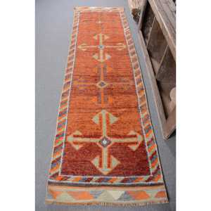 Alfombra Vintage de Lana Turca para Pasillo, Alfombra de Látex Tradicional de 3x10,3 Pies, Diseño de Retales Rectangulares, Naranja y Beige - Product Image 1