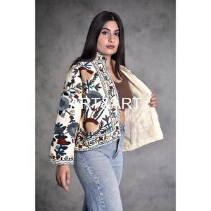 Suzani Embroidery Argyle <b>Pattern</b> Women's Short <b>Quilted</b> Cotton <b>Jacket</b> Casual Beach & Party Wear - Product Image 4