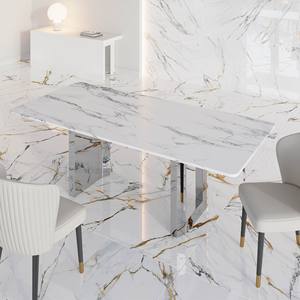 Table à manger moderne de style New York, plateau en marbre de 200 cm, base en acier inoxydable, blanc et argent, stable - Product Image 4