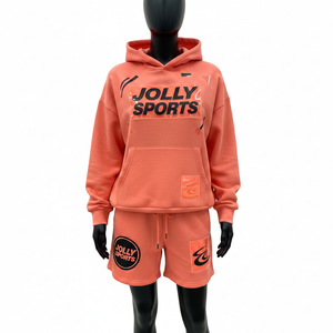 Premium Cotton Polyester Fleece Hoodie And Shorts Set Women Coral Orange Casual Streetwear Custom Logo <b>Patch</b> Set for Women - Product Image 1