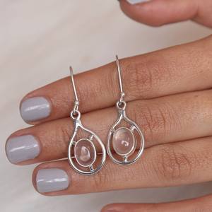 Pendientes colgantes de plata de ley 925 para mujer, piedras preciosas de cuarzo rosa Natural, cabujones de forma ovalada, regalo perfecto para ella - Product Image 3