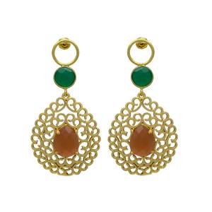 Recién llegado, pendientes de gota en forma de pétalo de tono dorado con ónix rojo y pendientes de latón con piedras preciosas de ónix verde - Product Image 1