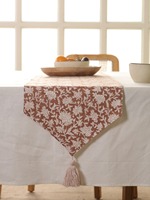 Chemin de table double couche en toile slub premium imprimée au bloc, motif floral, avec pompons, style damassé tissé, blanc floral pour salle à manger