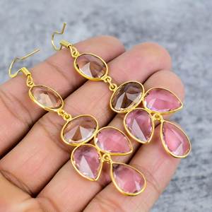 Boucles d'oreilles en argent sterling 925 faites à la main avec morganite rose et kunzite plaqué or en forme de poire ovale pour cadeau - Product Image 4