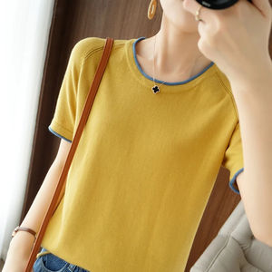 Respirant 100% coton T-shirt femmes col rond pull à manches courtes décontracté tricot haut ample été mode femmes T-shirt - Product Image 2