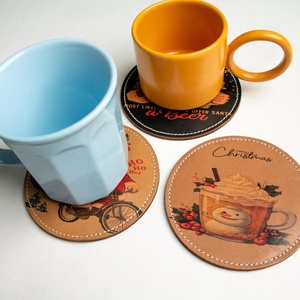 Promotional-<b>Cheap</b> Factory-Debossed Custom Logo Round-Leather PU-Coffee Tea-Cup Coaster-Real Cowhide Tea-Coasters <b>Set</b> - Product Image 1