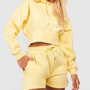 Fabricant OEM Respirant 100% coton Ensemble court à capuche 2 pièces pour femmes Ensemble court à capuche de haute qualité avec logo personnalisé - Product Image 1