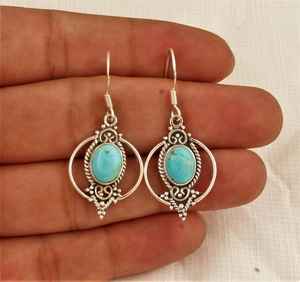 925แข็งสเตอริ่งชุบเงินสไตล์โบฮีเมียนทันสมัยพลอยเทอร์ควอยซ์สีฟ้าแบบฝาธรรมชาติต่างหูของขวัญคริสต์มาสที่ดีที่สุด - Product Image 1