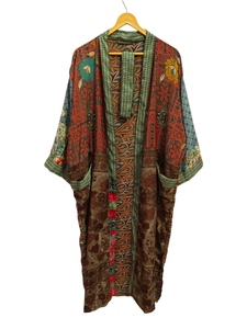 Bata de novia Bata de seda ligera para mujer Ropa de noche Bata larga, Kimono Sari de seda reciclada vintage indio con estampado floral, - Product Image 5