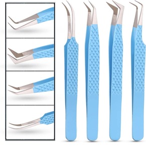 MORGANS INDUSTRIES – Kit de pinces à cils de précision en acier inoxydable durable, pointes lisses, manche bleu, 4 pièces pour extensions de cils - Product Image 1