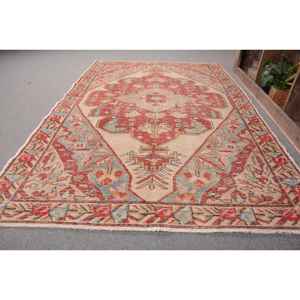 Alfombra turca Vintage de 5x7 pies, rojo, Beige, área grande, diseño de retazos de lana, respaldo de látex para pasillo, dormitorio, modelo de habitación, Alfombra de noche - Product Image 2