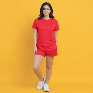 Ensemble de shorts en coton de haute qualité femmes col rond t-shirt Shorts deux pièces été léger coton Shorts ensemble femmes - Product Image 4