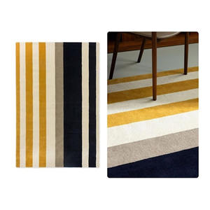Alfombra moderna de lana a rayas, alfombra hecha a mano con mechones, mostaza, marfil, gris marino, Alfombra de área de diseñador de lujo contemporáneo - Product Image 5